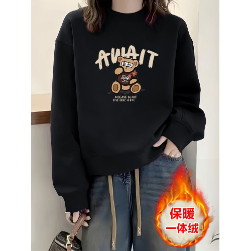 山東即墨圓領衛衣打底衫女2024秋冬新款加絨加厚小熊印花無帽上衣