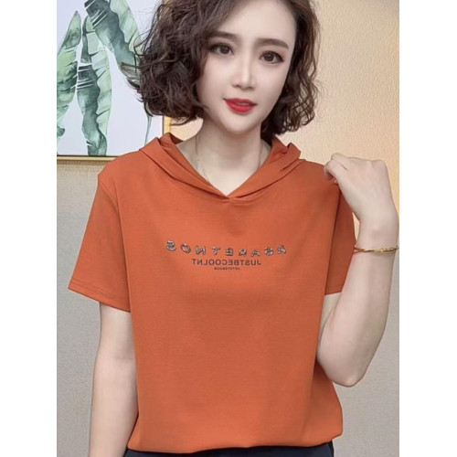 2025夏季新款連帽短袖t恤女打底衫時尚媽媽裝純色休閒減齡上衣