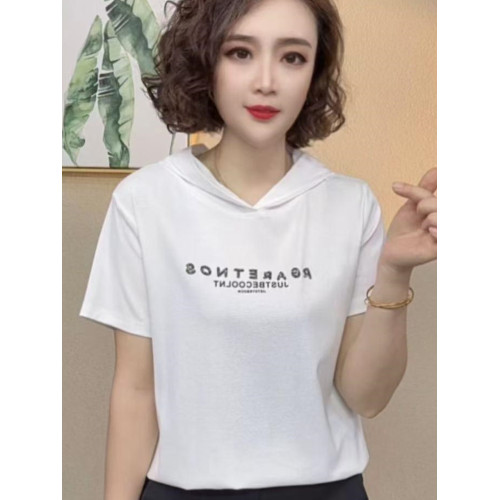 2025夏季新款連帽短袖t恤女打底衫時尚媽媽裝純色休閒減齡上衣