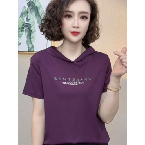 2025夏季新款連帽短袖t恤女打底衫時尚媽媽裝純色休閒減齡上衣