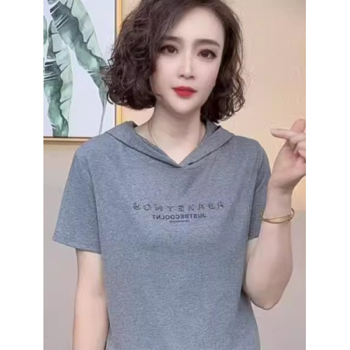 2025夏季新款連帽短袖t恤女打底衫時尚媽媽裝純色休閒減齡上衣