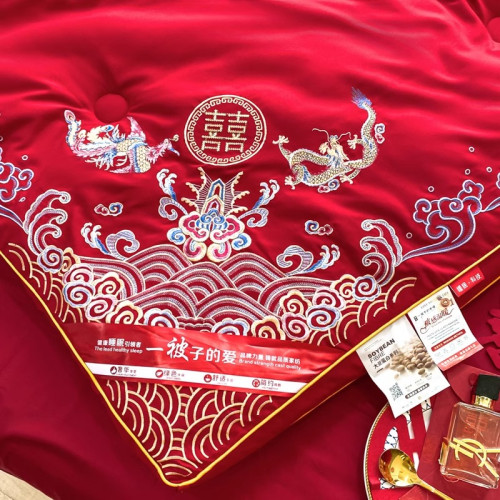 水晶家紡結婚陪嫁大紅色喜慶純棉單雙人大豆被子四季通用冬季加厚
