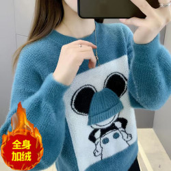 雪尼爾毛衣女春秋冬季初中高中生學生女孩大童加絨加厚針織打底衫
