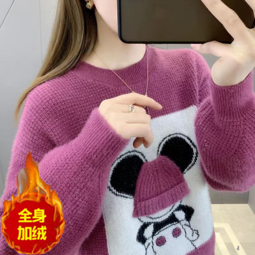 雪尼爾毛衣女春秋冬季初中高中生學生女孩大童加絨加厚針織打底衫