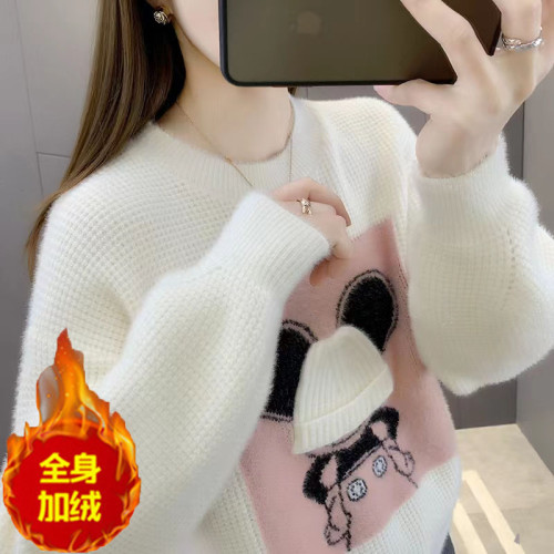 雪尼爾毛衣女春秋冬季初中高中生學生女孩大童加絨加厚針織打底衫