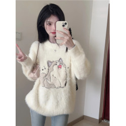 水貂絨毛衣女秋冬季寬松高中初中學生大童內搭加絨加厚針織打底衫