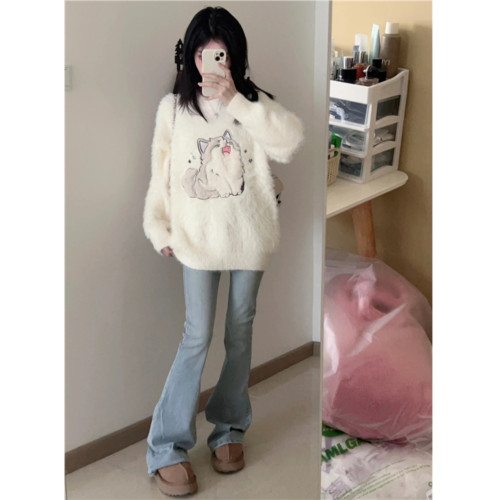 水貂絨毛衣女秋冬季寬松高中初中學生大童內搭加絨加厚針織打底衫