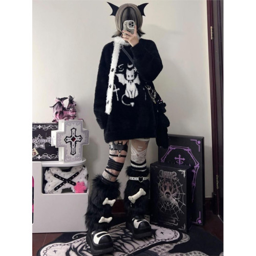 亞比文化惡魔貓毛衣女秋冬高中初中學生大童水貂絨加絨加厚打底衫