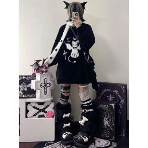 亞比文化惡魔貓毛衣女秋冬高中初中學生大童水貂絨加絨加厚打底衫