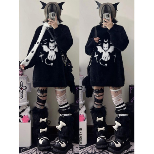 亞比文化惡魔貓毛衣女秋冬高中初中學生大童水貂絨加絨加厚打底衫