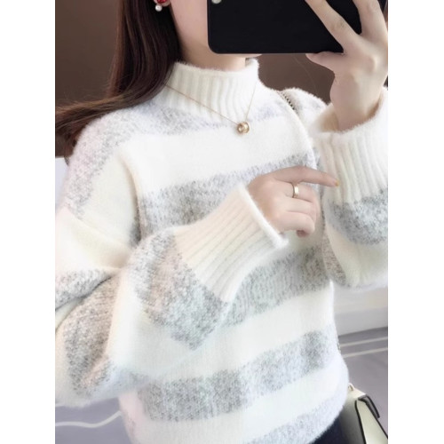 雪尼爾條紋毛衣女秋冬季寬松高中初中學生13嵗女孩加絨加厚打底衫