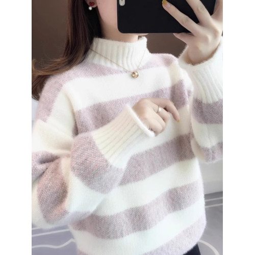 雪尼爾條紋毛衣女秋冬季寬松高中初中學生13嵗女孩加絨加厚打底衫