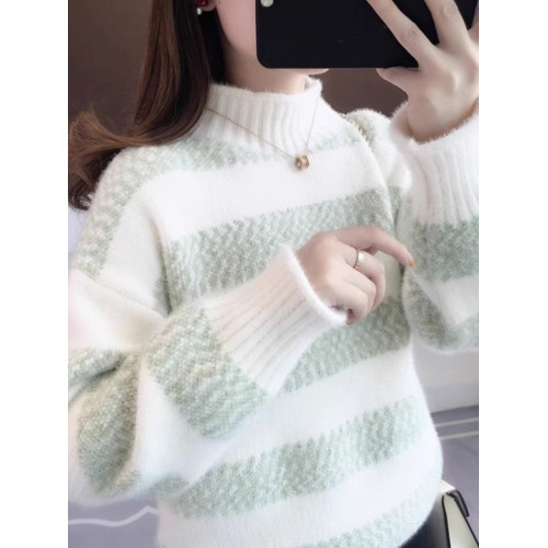 雪尼爾條紋毛衣女秋冬季寬松高中初中學生13嵗女孩加絨加厚打底衫