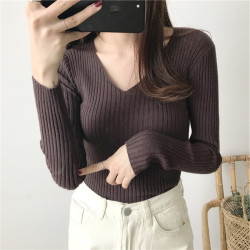 V領長袖修身打底衫女士內搭毛衣女秋冬款洋氣百搭上衣多色針織衫