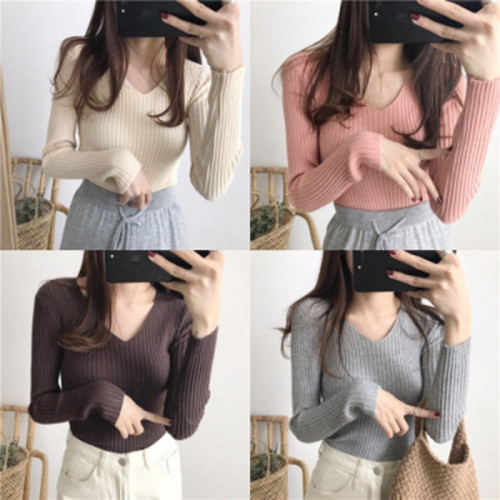 V領長袖修身打底衫女士內搭毛衣女秋冬款洋氣百搭上衣多色針織衫