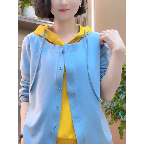 連帽長袖衛衣女士春季新款撞色拼接時尚假兩件寬松顯瘦百搭上衣