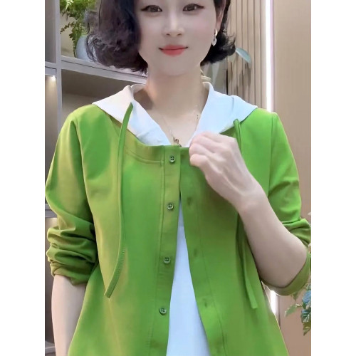 連帽長袖衛衣女士春季新款撞色拼接時尚假兩件寬松顯瘦百搭上衣
