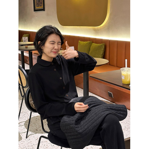 浪清Polo領衛衣打底衫女秋季2025新款黑色長袖內搭打底衫開衫上衣