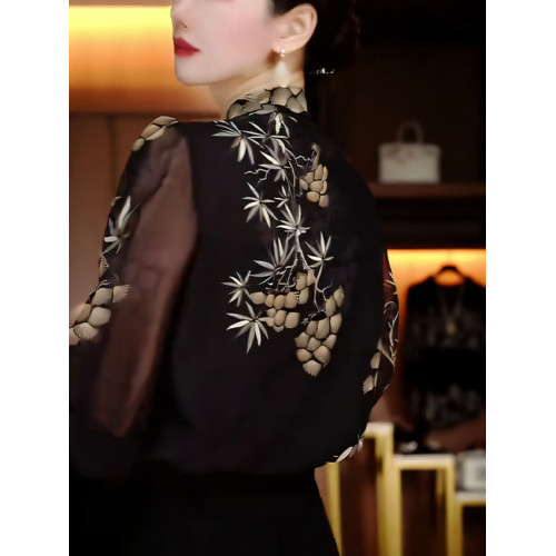2025年夏季新款國風復古氣質立領長袖襯衫大碼女裝胖mm印花打底衫