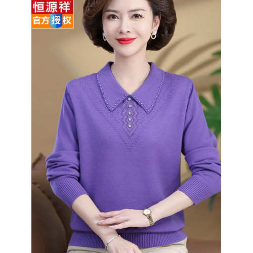 恒源祥中老年春秋裝本命年針織衫小衫加大碼媽媽裝翻領薄款打底衫