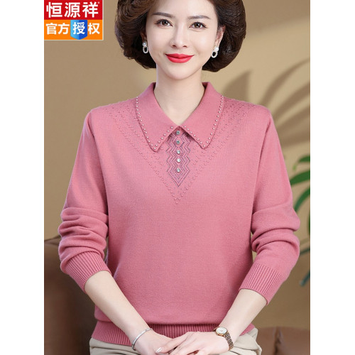 恒源祥中老年春秋裝本命年針織衫小衫加大碼媽媽裝翻領薄款打底衫