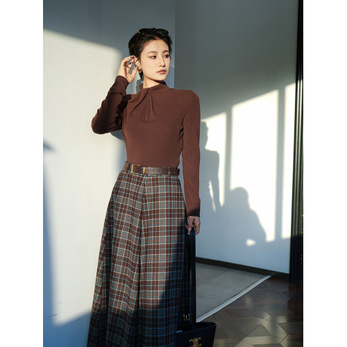 【雅結】紐結領設計感純色針織上衣女春季彈力修身顯瘦長袖打底衫