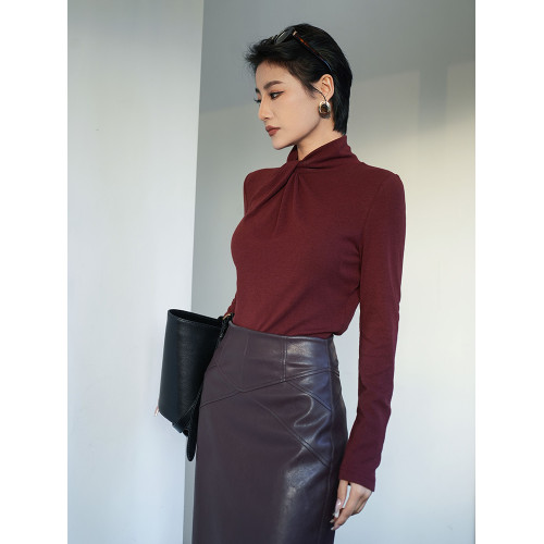 【雅結】紐結領設計感純色針織上衣女春季彈力修身顯瘦長袖打底衫