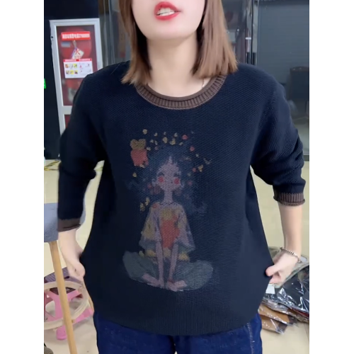 時尚小女孩印花針織衫女休閒打底衫2024年秋冬新款毛衣圓領上衣潮