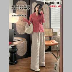 【吟風島】流浪風毛邊麻花打底衫 秋冬修身針織開衫 半高領/V領