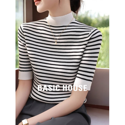 Basic House/百家好黑白條紋五分袖針織衫女早秋內搭半高領打底衫
