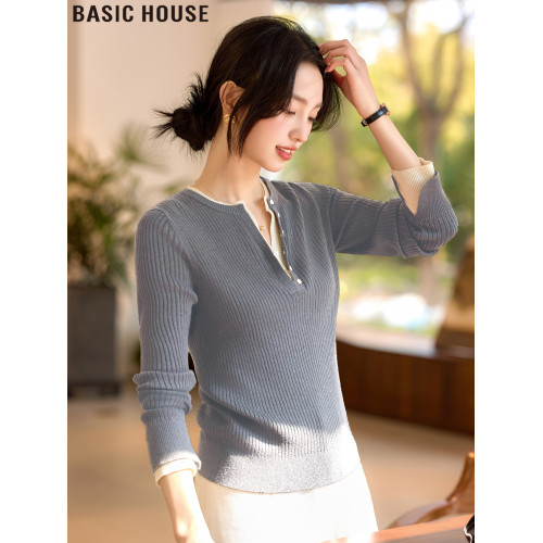 Basic House/百家法式大衣內搭假兩件V領羊毛針織打底衫女款春季
