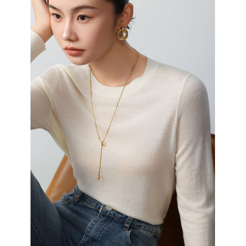 德國敭子紗精紡100%純羊毛衫女士寬松休閒時尚圓領薄款打底衫上衣