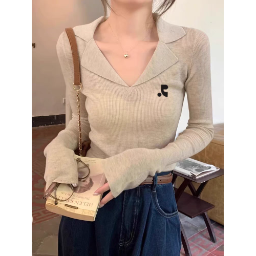 韓國restandrecreation翻領喇叭袖針織衫女RR修身內搭長袖打底衫
