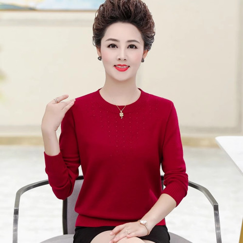 春秋媽老年女士上衣女款薄線衣針織T恤025羊毛衫打底毛衣內搭長袖