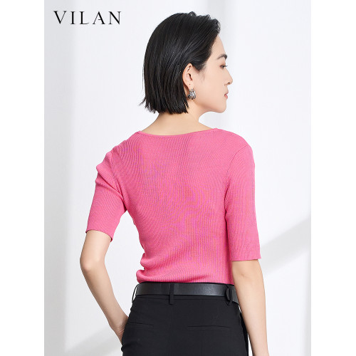 vilan/慧蘭針織衫女2025夏季新款時尚氣質修身顯瘦純色短袖打底衫