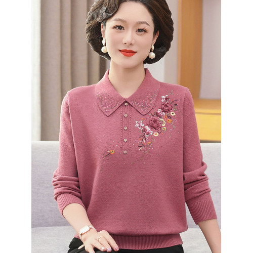 中年媽媽針織打底衫翻領洋氣上衣服中老年女春裝長袖毛衣兩件套薄