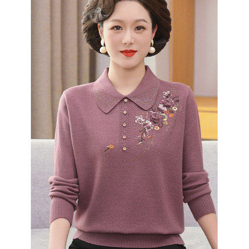 中年媽媽針織打底衫翻領洋氣上衣服中老年女春裝長袖毛衣兩件套薄