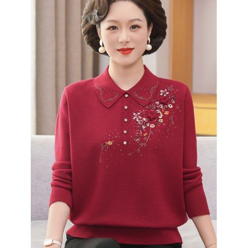 中年媽媽針織打底衫翻領洋氣上衣服中老年女春裝長袖毛衣兩件套薄