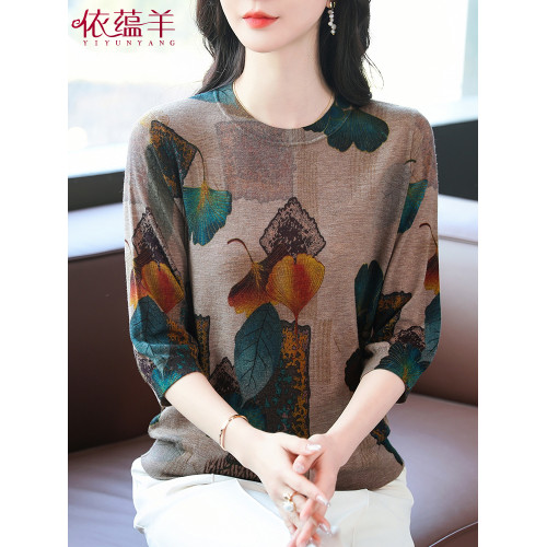 2025春季新款圓領七分袖薄款水溶羊毛打底上衣女媽媽寬松印花毛衣