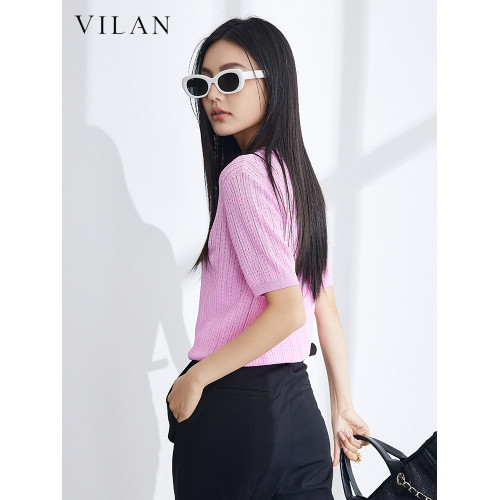 vilan/慧蘭短袖針織衫女2025夏季新款時尚氣質顯瘦圓領打底衫上衣