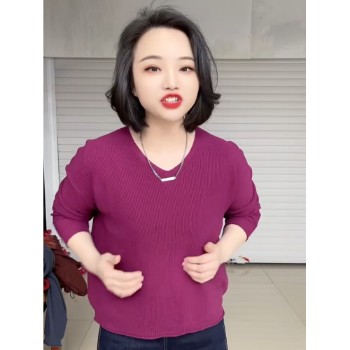 春夏款胖mm大碼V領打底衫女寬松顯瘦長袖內搭針織衫日常百搭上衣