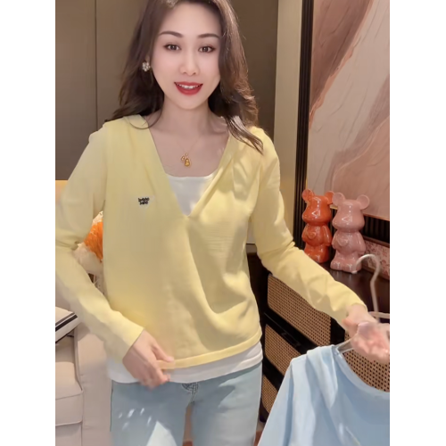 2025春秋假兩件長袖針織衫女韓系撞色連帽打底衫時尚拼接套頭上衣