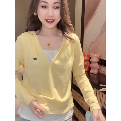 2025春秋假兩件長袖針織衫女韓系撞色連帽打底衫時尚拼接套頭上衣