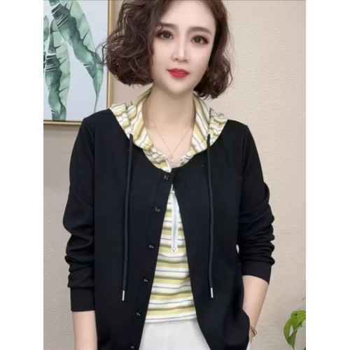2025春秋新款時尚氣質洋氣休閒百搭小衫連帽女士假兩件長袖打底衫