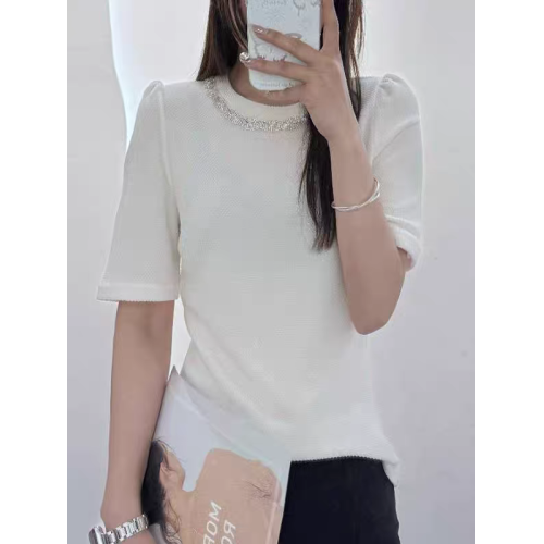 法式加大碼女裝醋酸鑲鑽顯瘦短袖針織上衣女夏季新款藏肉打底衫潮