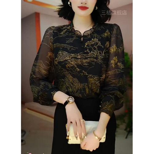 2025夏季新款大碼女裝胖MM時髦印花圓領長袖襯衫減齡洋氣打底衫dm