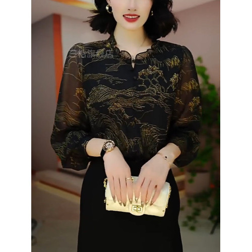 2025夏季新款大碼女裝胖MM時髦印花圓領長袖襯衫減齡洋氣打底衫dm