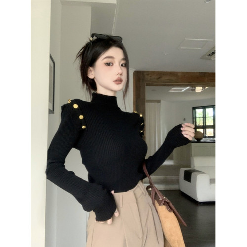 黑色半高領針織打底衫女秋冬季內搭高級感毛衣小香風修身義烏上衣