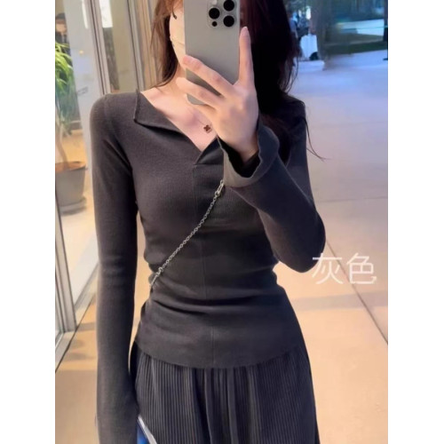 美式氣質純色V領長袖針織打底衫女秋冬高級感毛衣內搭短款上衣潮