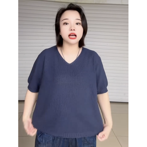 夏季純色氣質短袖V領針織衫女韓版大碼寬松打底衫極簡風套頭上衣